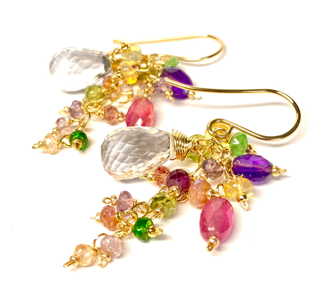 Crystal Quartz Dangle Earrings with Multi Gemstone Cluster in Gold Fill, 12