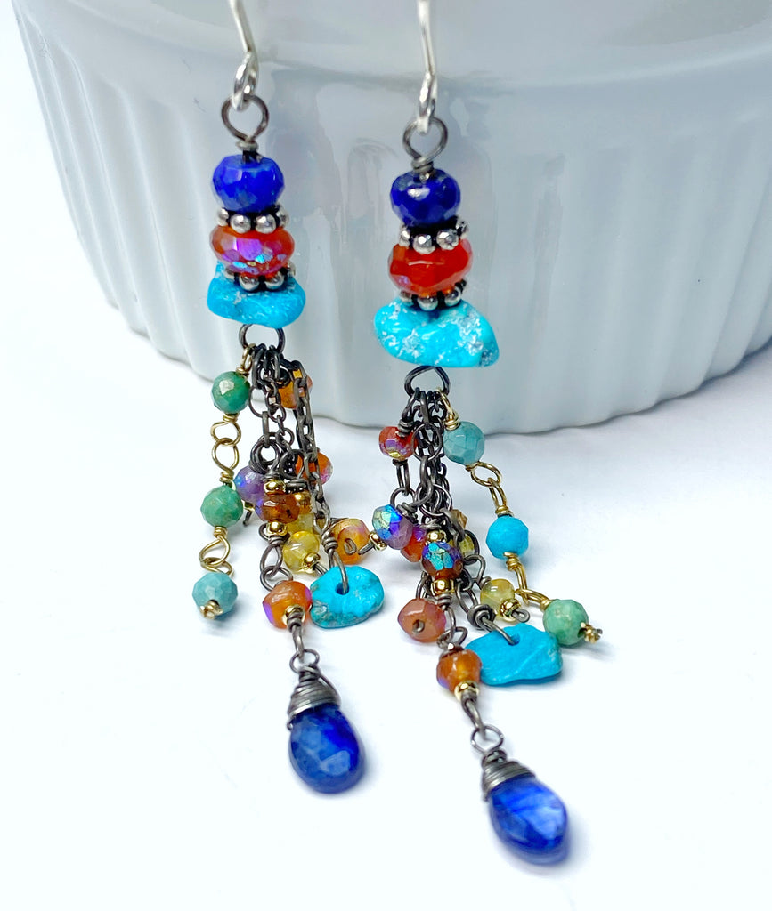 Multi Gemstone Gem Dangle Earrings, Tassel Style, Turquoise, Lapis, Carnelian, Sterling Silver