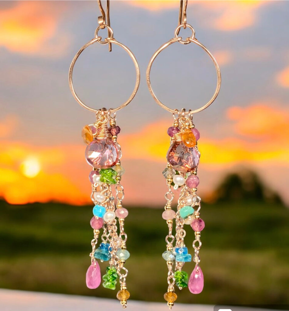 Mystic Pink Topaz Multicolor Gemstone Long Boho Dangle Earrings Rose Gold