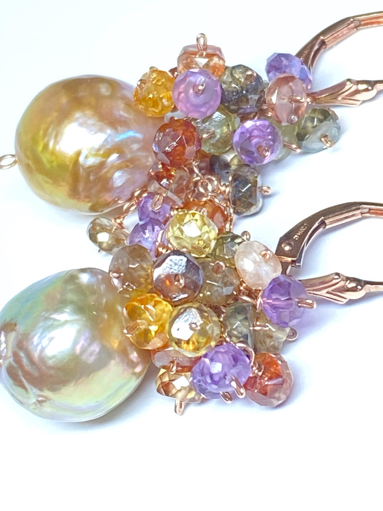 Multi Gemstone Cluster and Pond Slime Gold White Pearl Earrings Rose Gold