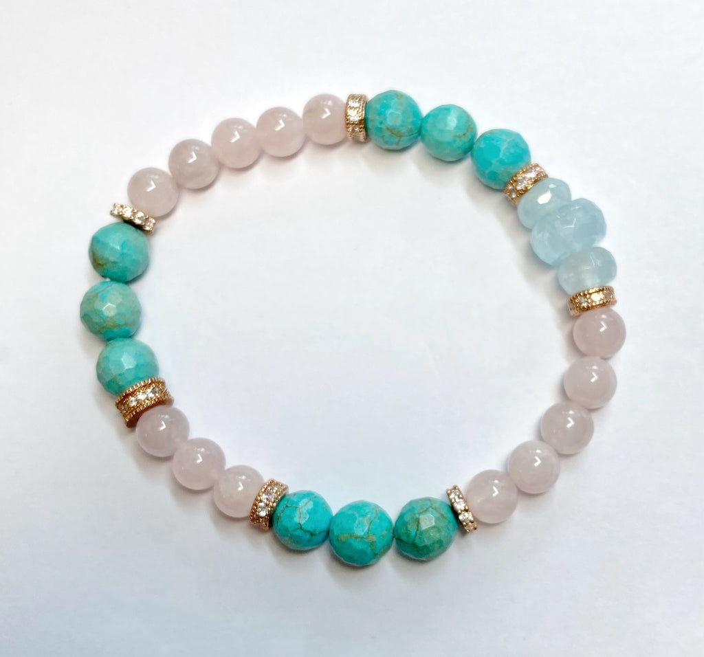 Turquoise Rose Quartz Aquamarine Stretch Bracelet Set of 2 Rose Gold