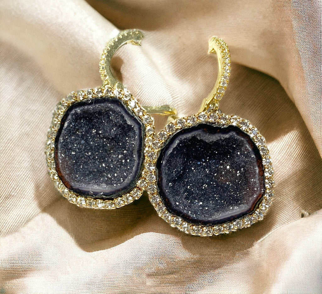 black tabasco geode earrings with Swarovski crystals diamond look statement earrings