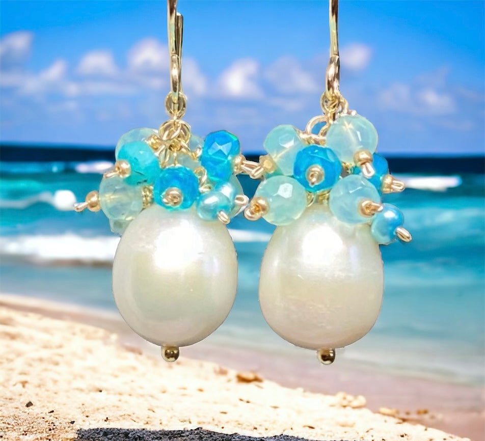 aqua gemstone pearl cluster earrings with opals