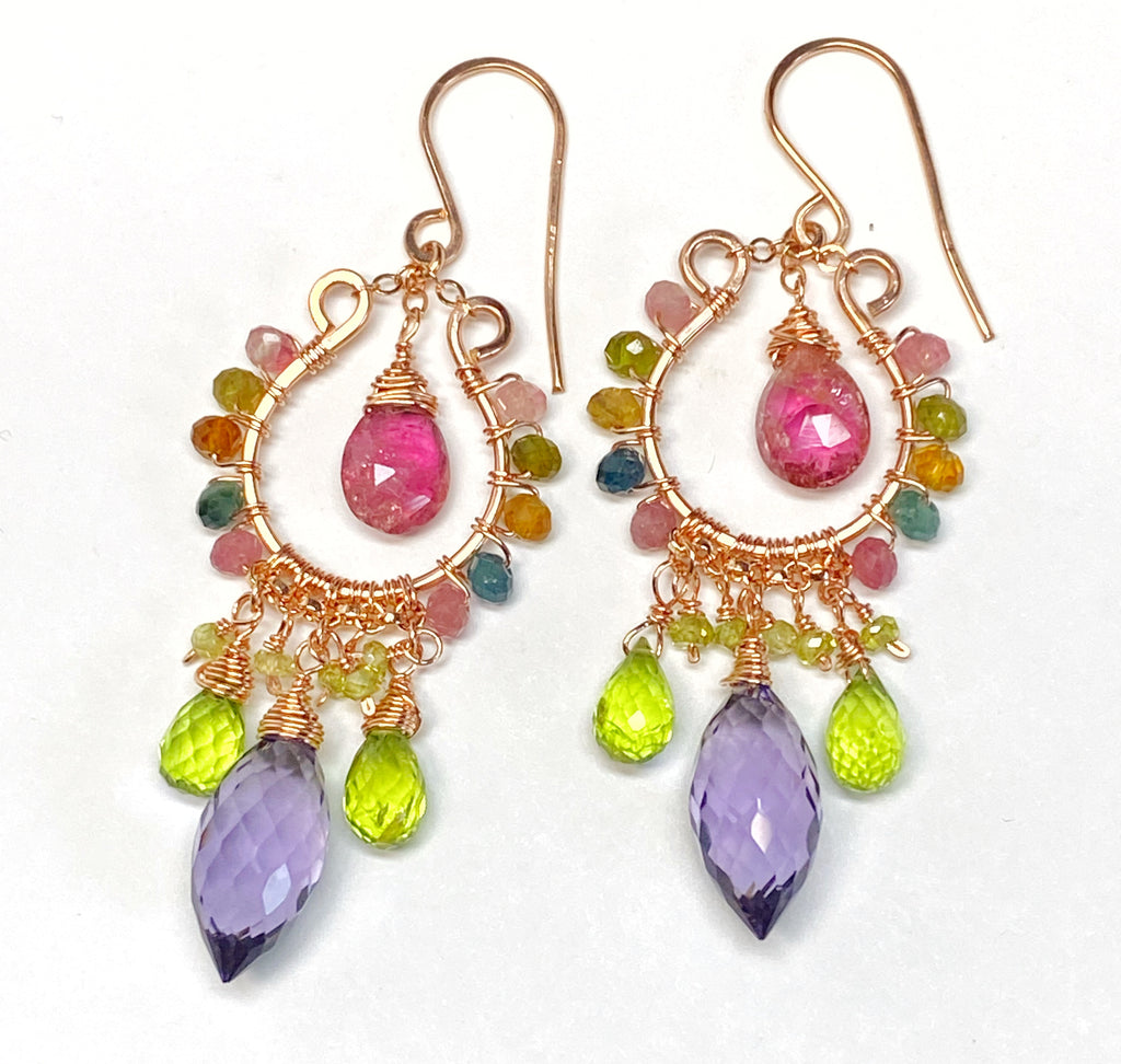 Rose Gold Chandelier Earrings: Pink Tourmaline, Peridot, Amethyst