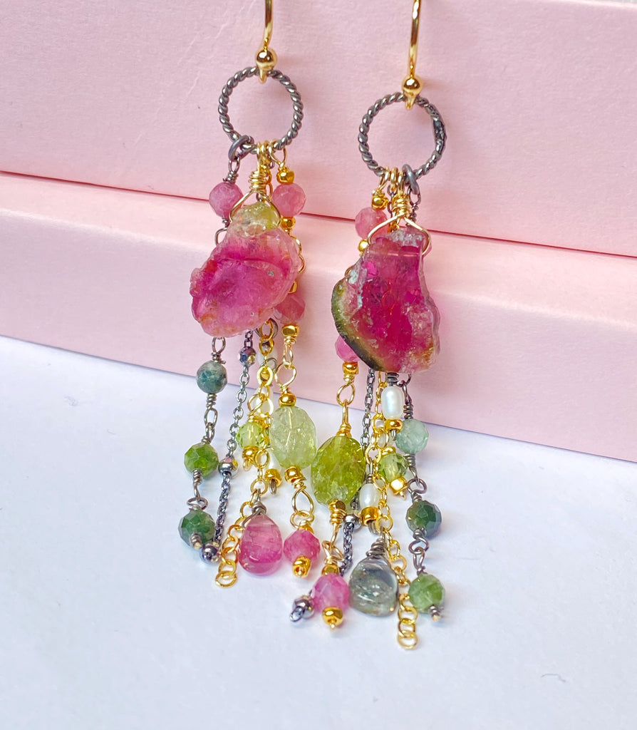 Watermelon Tourmaline Slice Earrings Mixed Metal Dangle Earrings