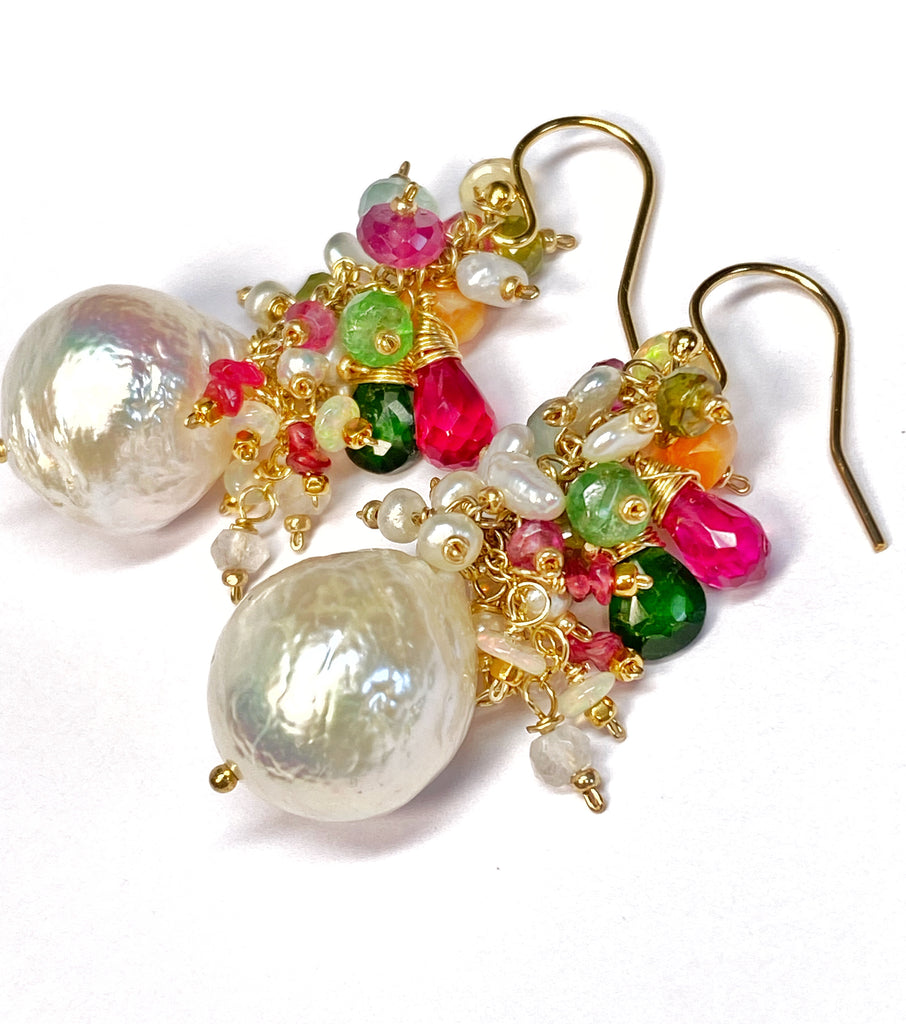 Edison Pearl Colorful Gemstone Cluster Earrings Gold Fill