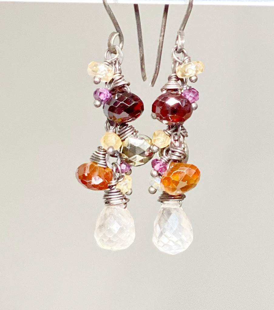 garnet dangle earrings with red garnet, hessonite garnet, rhodolite garnet and more on oxidized sterling silver