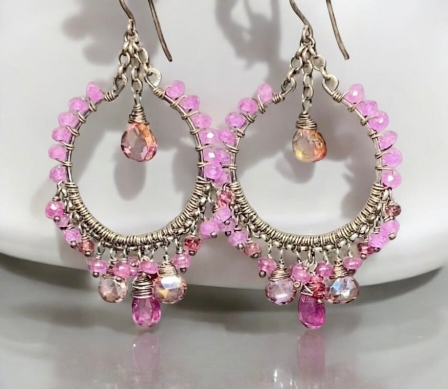 Pink Sapphire Chandelier Hoop Earrings in Oxidized Sterling Silver