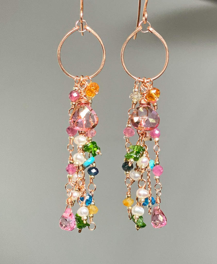 Mystic Topaz Multicolor Gemstone Long Boho Dangle Earrings Rose Gold