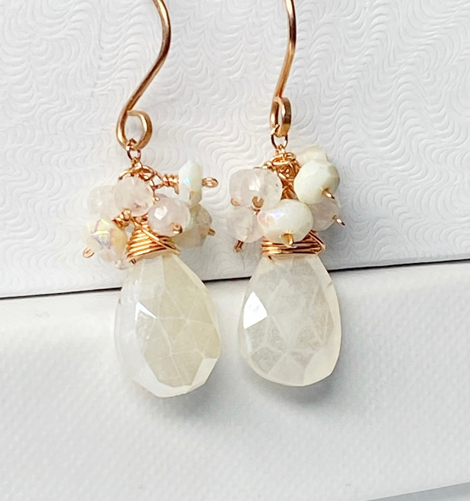 Mystic Ivory Chalcedony Cluster Earrings Rose Gold