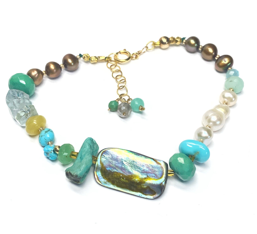 Abalone, Pearl, Gemstone Coastal Style Silk Knot Bracelet