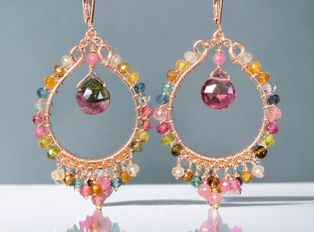 handmade rose gold filled hoop chandelier earrings with multicolor tourmaline and watermelon tourmaline