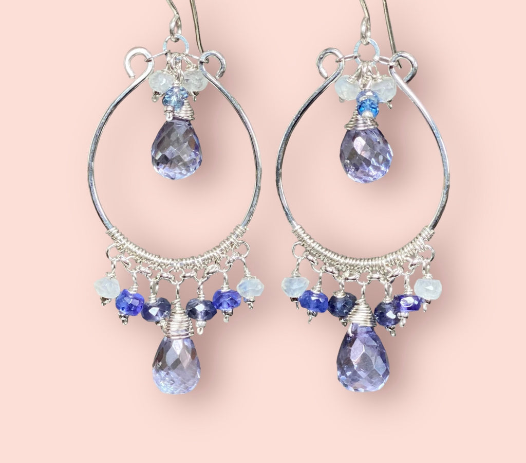 blue violet quartz boho chandelier earrings with tanzanite, iolite, rainbow moonstone in sterling silver