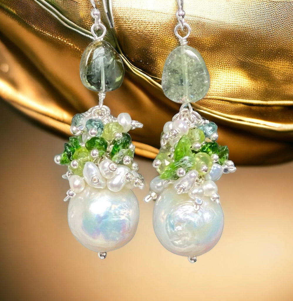 baroque edison pearl and green gemstone and tourmaline cluster earrings