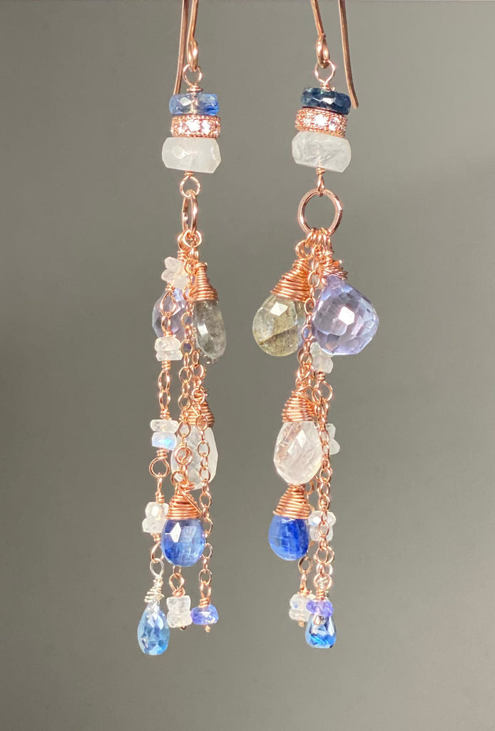 Rainbow Moonstone, Labradorite, Kyanite, Rose Gold Long Boho Earrings Blue White