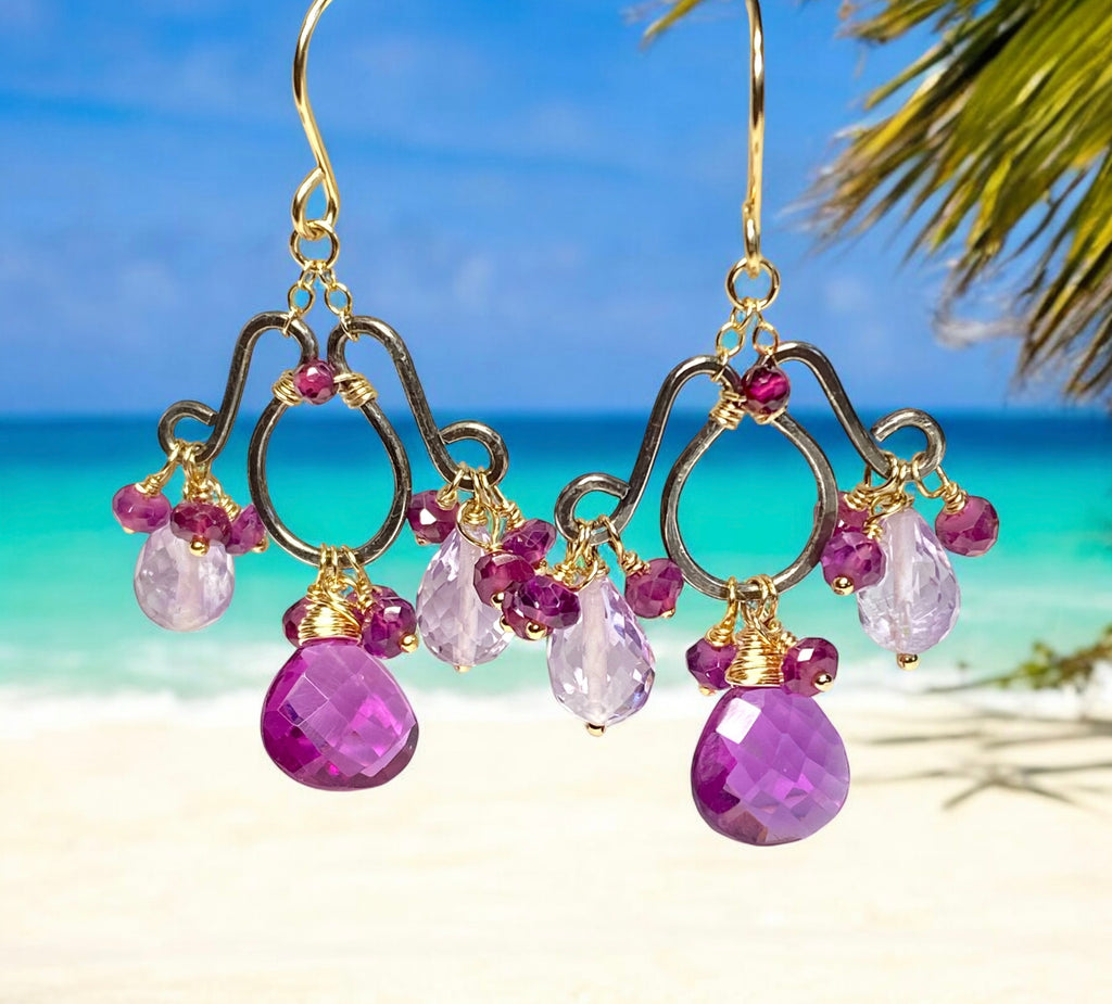 Mixed Metal Chandelier Earrings in Garnet, Pink Amethyst, Violet Quartz