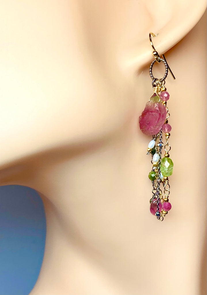 Watermelon Tourmaline Slice Earrings Mixed Metal Dangle Earrings