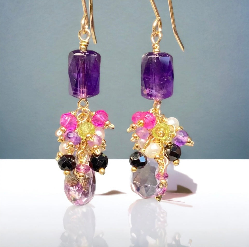 Amethyst Dangle Earrings, Multi Gemstone Cluster Earrings