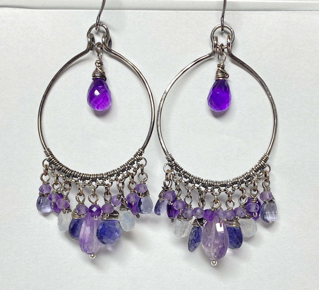 Blue Purple Gemstone Chandelier Hoop Earrings Oxidized Silver 3