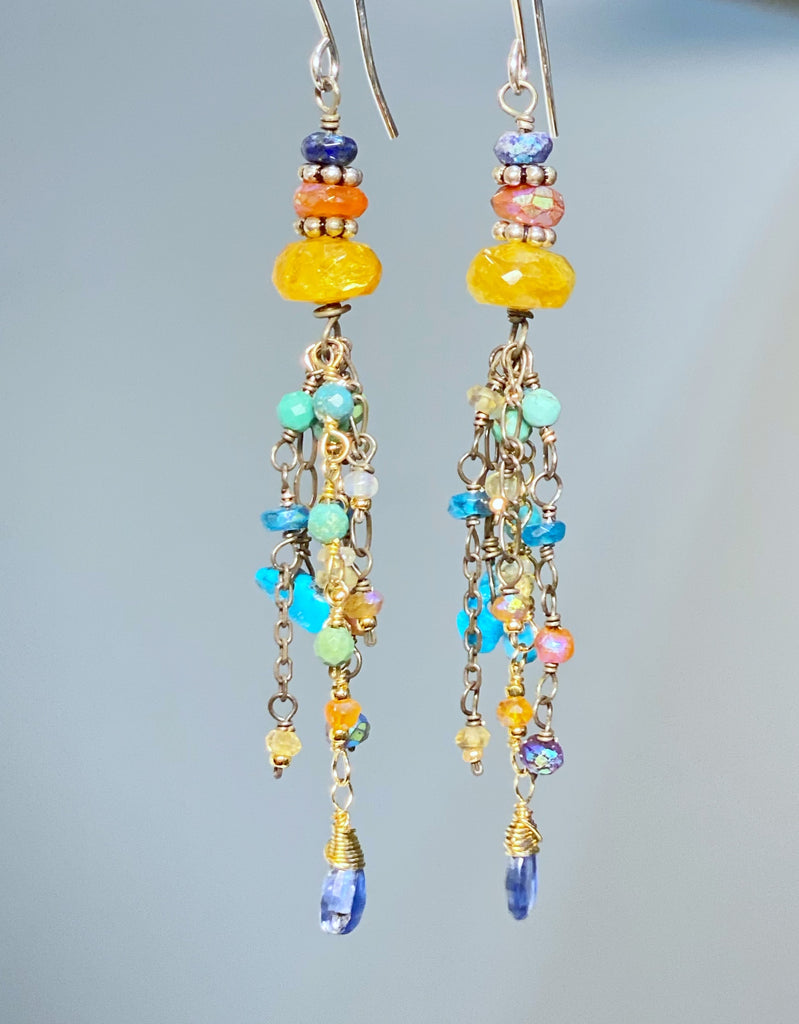 Multi Gemstone Dangle Earrings, Tassel Style, Mixed Metal, Turquoise, Carnelian
