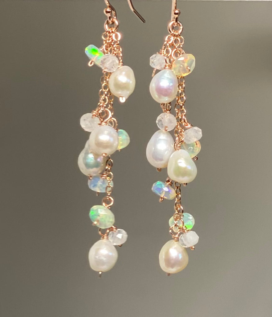 Rose gold baroque edison pearl and opal dangle earrings
