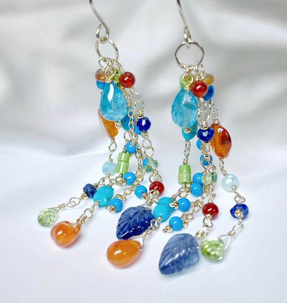 Multi Gemstone Dangle Earrings Blue, Green Turquoise, Carnelian, Peridot, Gold Filled