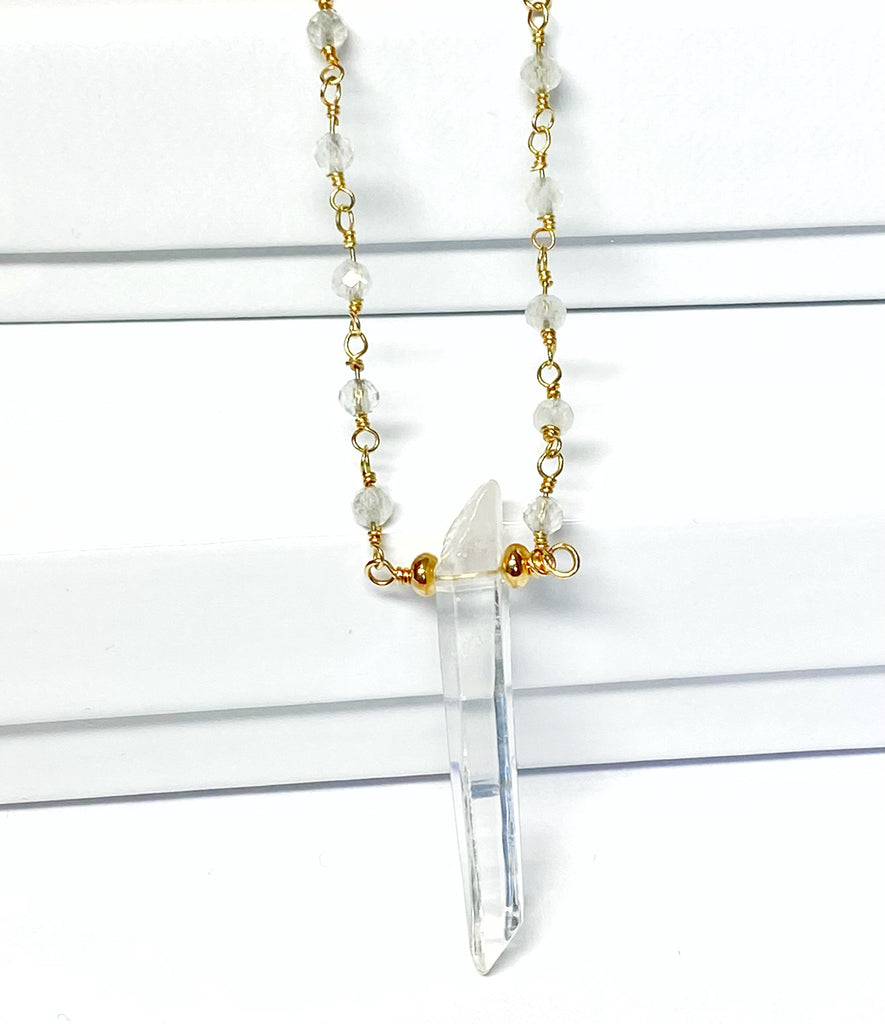 Dainty Rainbow Moonstone and Crystal Quartz Necklace Gold
