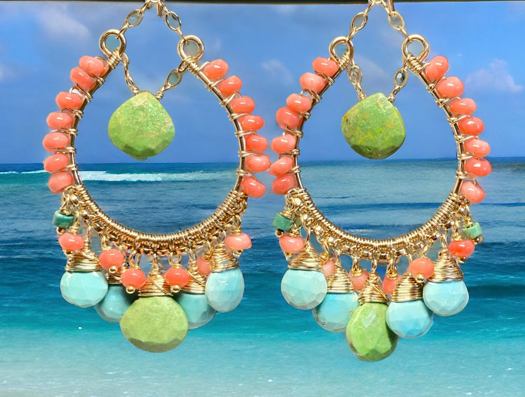 Turquoise Gold Hoop Chandelier Earrings