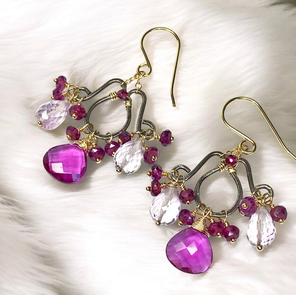 Mixed Metal Chandelier Earrings in Garnet, Pink Amethyst, Violet Quartz