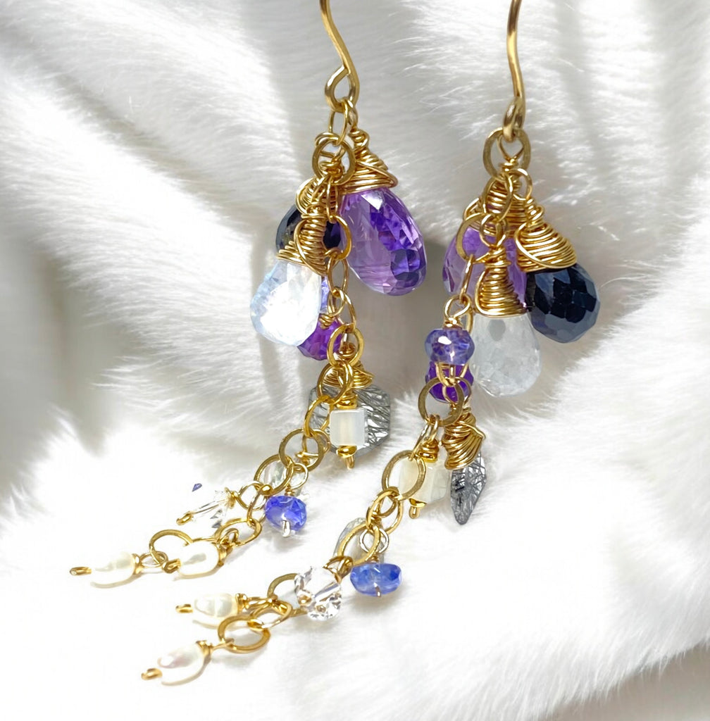 Amethyst Black Spinel Dangle Wire Wrap Moonstone Earrings 2