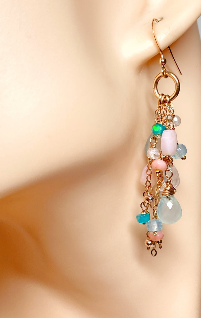 Rose Gold Fill Long Dangle Earrings with Aqua Chalcedony and Pink Opal