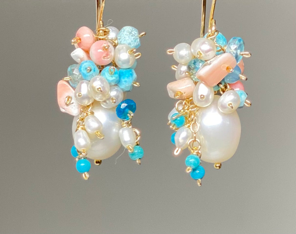 Turquoise Coral Pearl Cluster Earrings 2