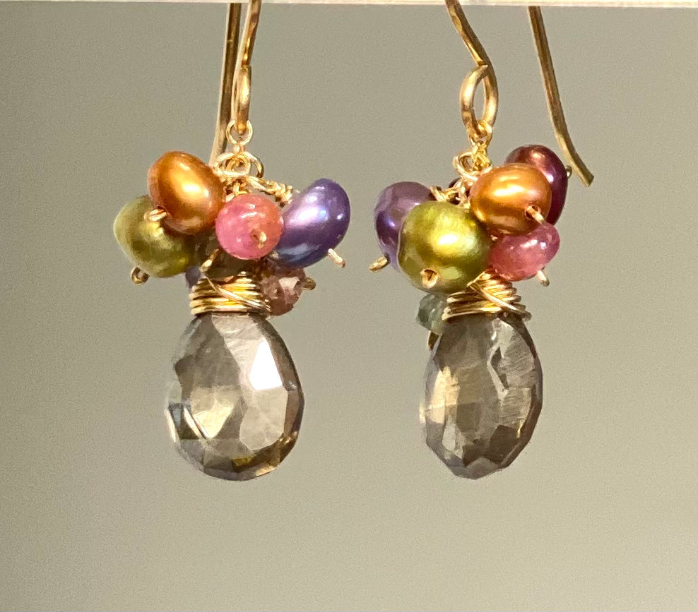 Mystic Smokey Quartz and Pearl and Gem Dangle Cluster Earrings in Gold Fill