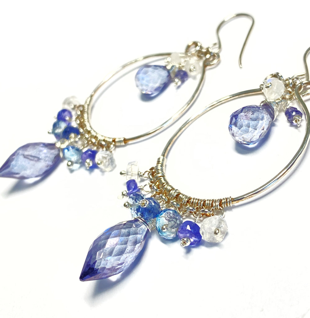 Blue Purple Gemstone Chandelier Hoop Earrings Sterling Silver