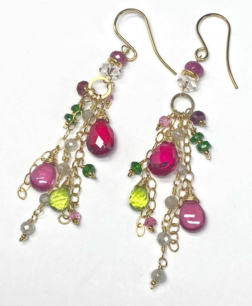 Long Gemstone Dangle Earrings - Pink Sapphire, Peridot, Ruby, Gold Fill