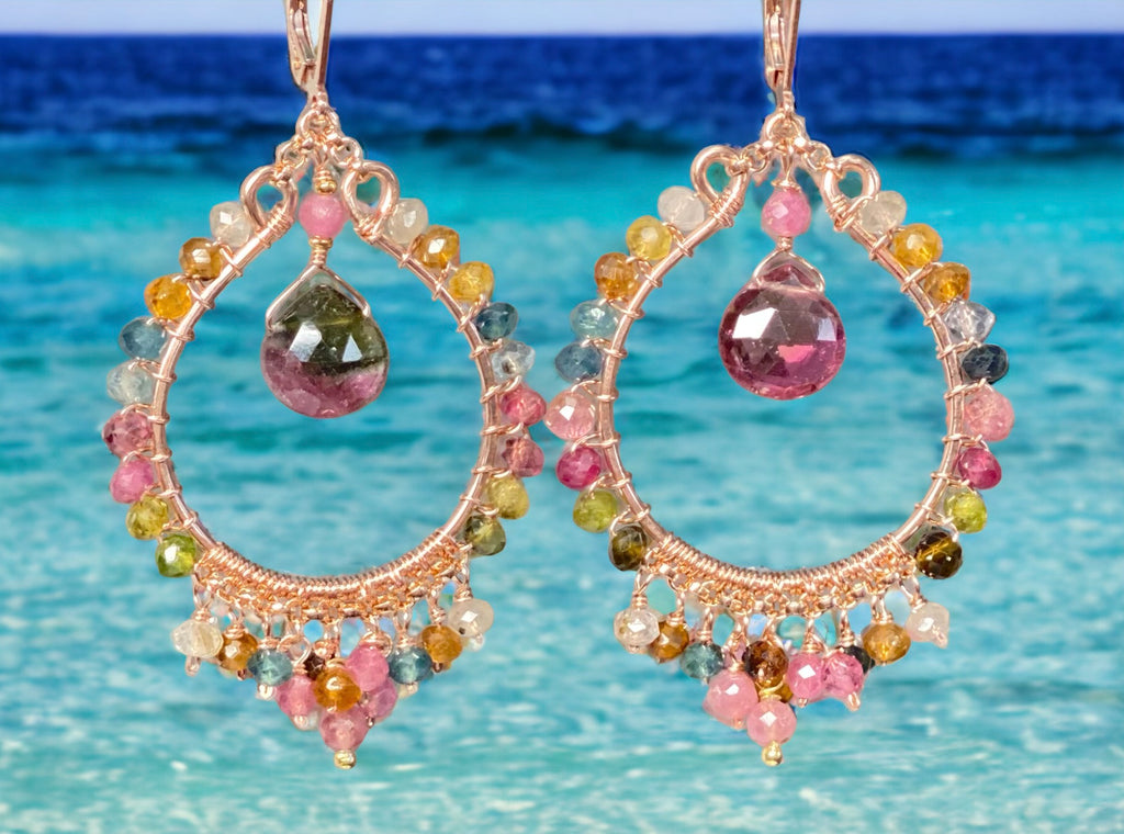 Tourmaline Rose Gold Hoop Chandelier Earrings