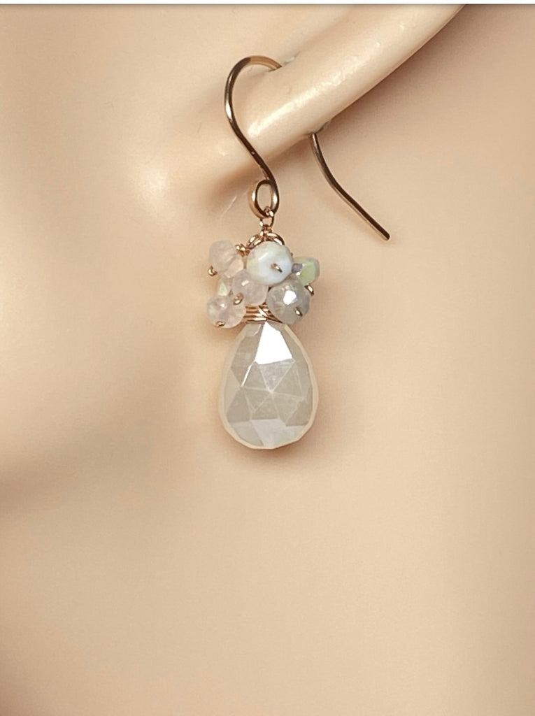 Mystic Ivory Chalcedony Cluster Earrings Rose Gold