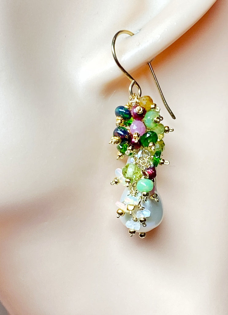 Opal Cluster Baroque Pearl Earrings Multi-color Gemstone 3