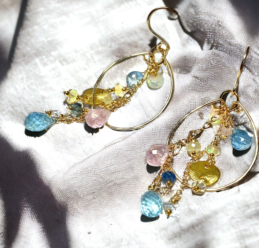 Aquamarine Gemstone Dangle Gold Fill Hoop Chandelier Earrings with Opals