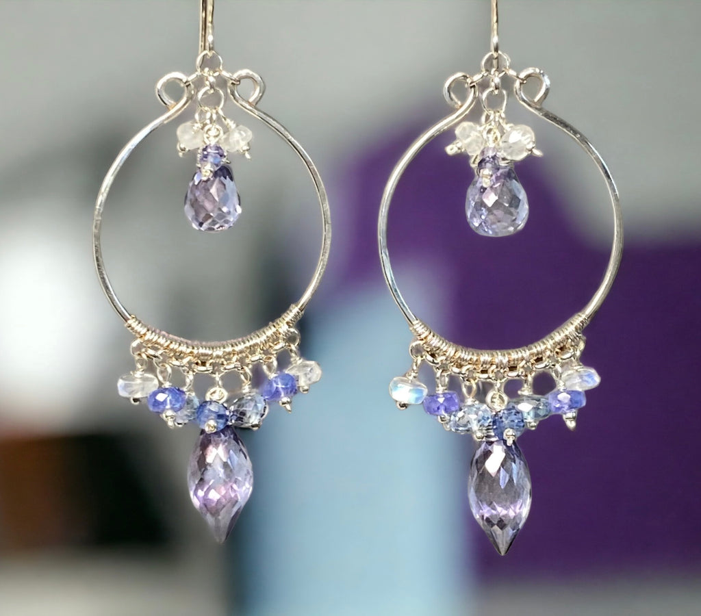 sterling silver chandelier hoop earrings with blue gemstones