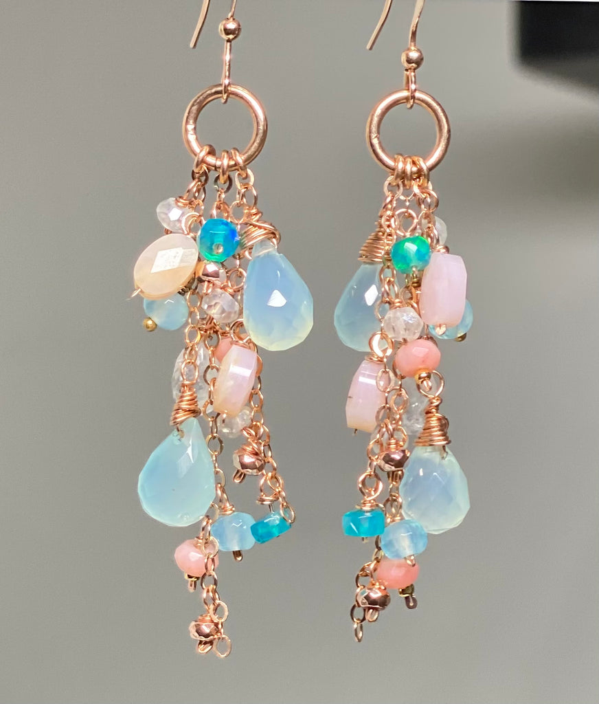 Rose Gold Fill Long Dangle Earrings with Aqua Chalcedony and Pink Opal