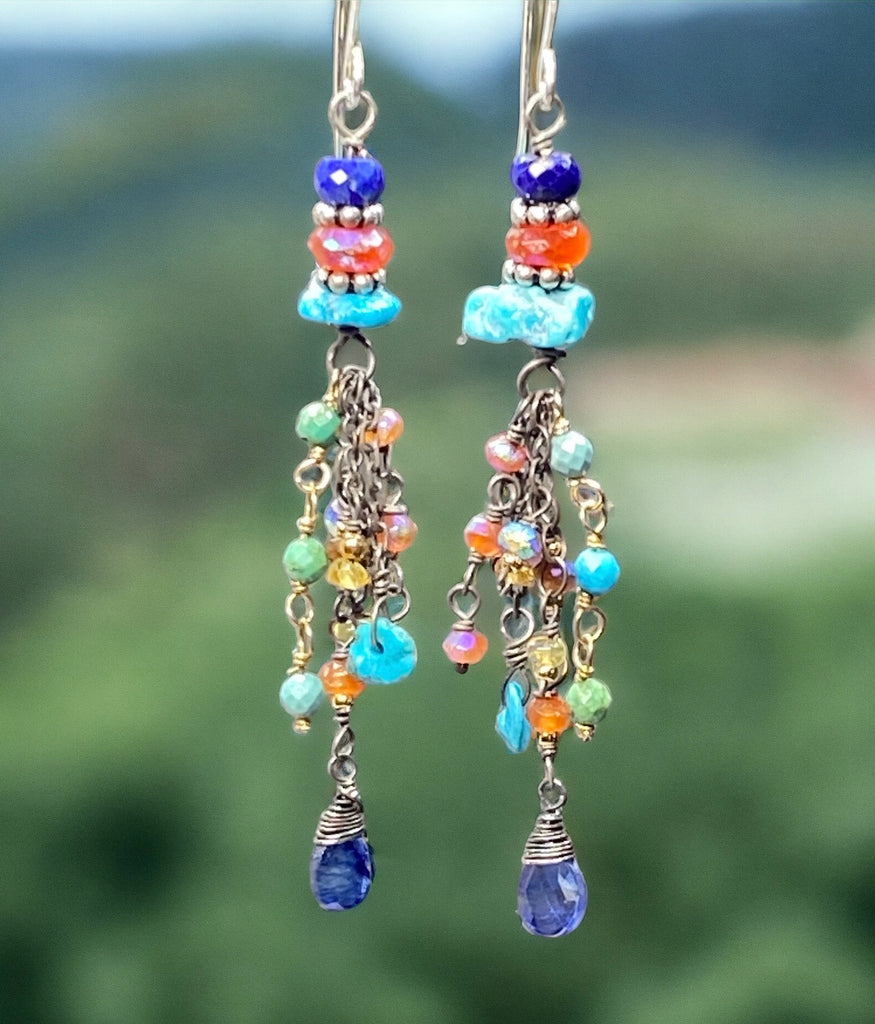 Multi Gemstone Gem Dangle Earrings, Tassel Style, Turquoise, Lapis, Carnelian, Sterling Silver