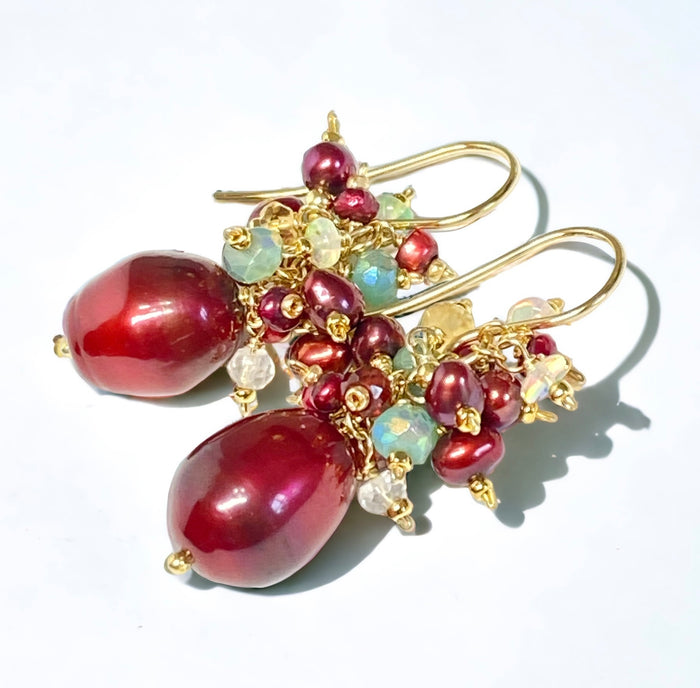 Red Pearl and Gemstone Cluster Earrings, Gold, Christmas Earrings