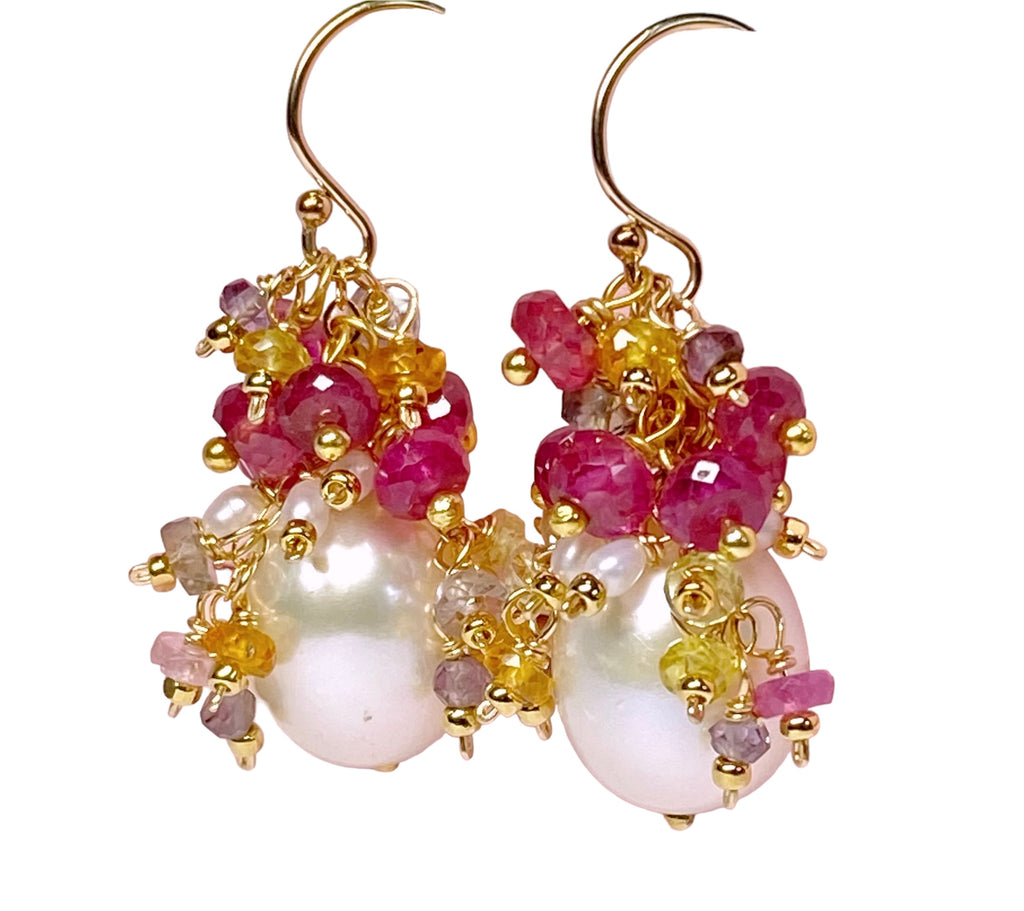 Pearl and Pink Sapphire Cluster Earrings Gold 2