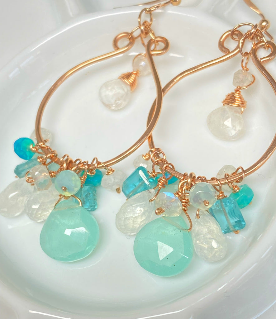 Aqua Chalcedony Rose Gold Hoop Chandelier with Opal, Moonstone, Apatite