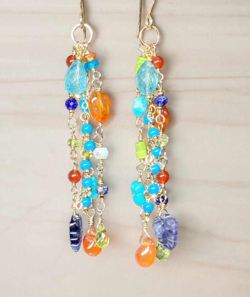 Multi Gemstone Dangle Earrings Blue, Green Turquoise, Carnelian, Peridot, Gold Filled