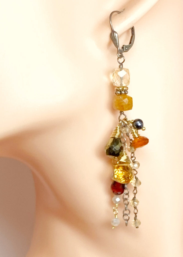 Citrine Garnet Mixed Metal Long Boho Dangle Earrings Oxidized Silver Gold Fill