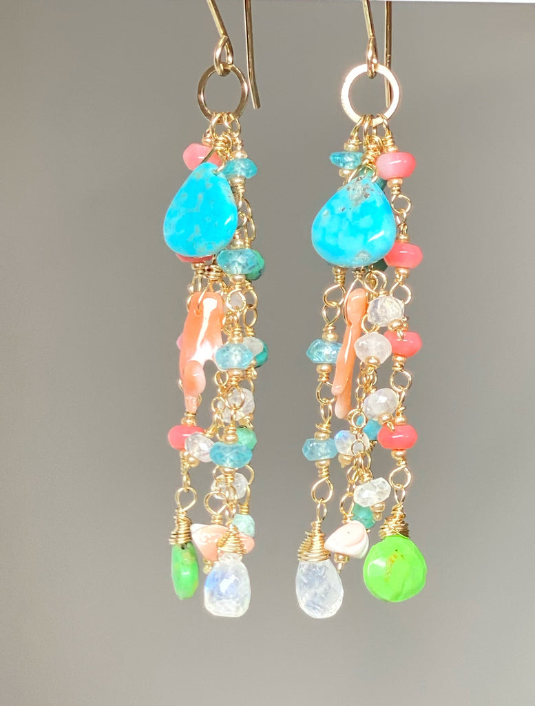 Kingman Blue and Green Turquoise, Coral, Moonstone Gemstone Dangle Earrings 2