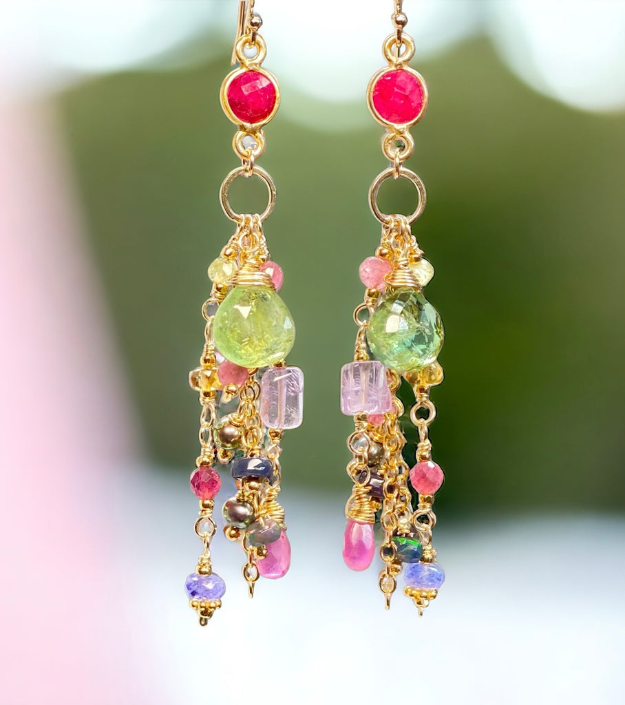 Green Tourmaline Colorful Gemstone Dangle Earrings in  Gold Fill