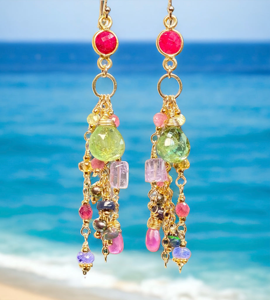 Green Tourmaline Colorful Gemstone Dangle Earrings in  Gold Fill